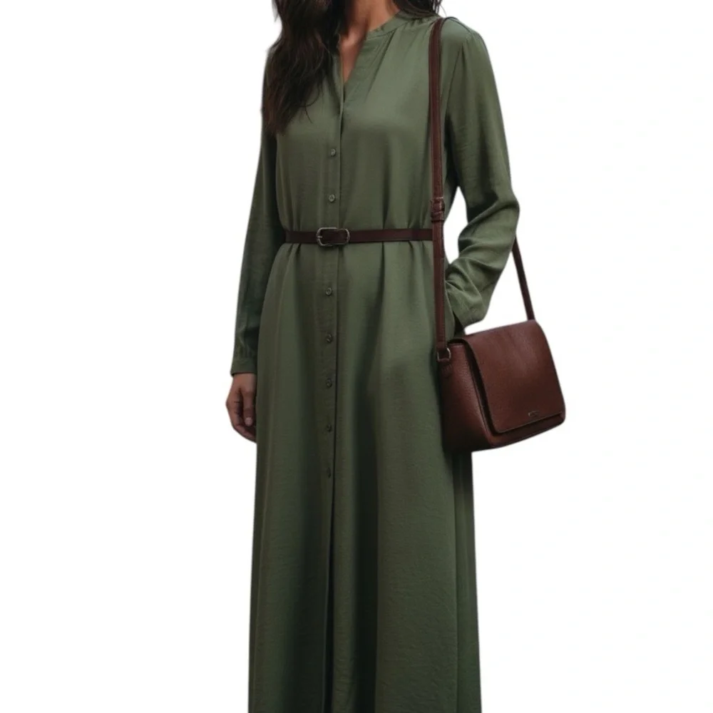 Banana Republic Button-Down Long Sleeve Maxi Kaftan Dress in Olive Green XS Tall - Picture 2 of 9